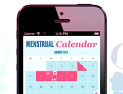 Slika mobilnog telefona koji prikazuje menstrualni kalendar. Slika prikazuje kako o.b.® aplikacija za menstrualni kalendar izgleda.